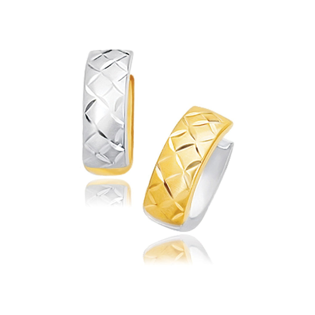 14k two-tone gold diamond textured hoop huggie earrings, modern design with luxurious sparkle and secure closure.