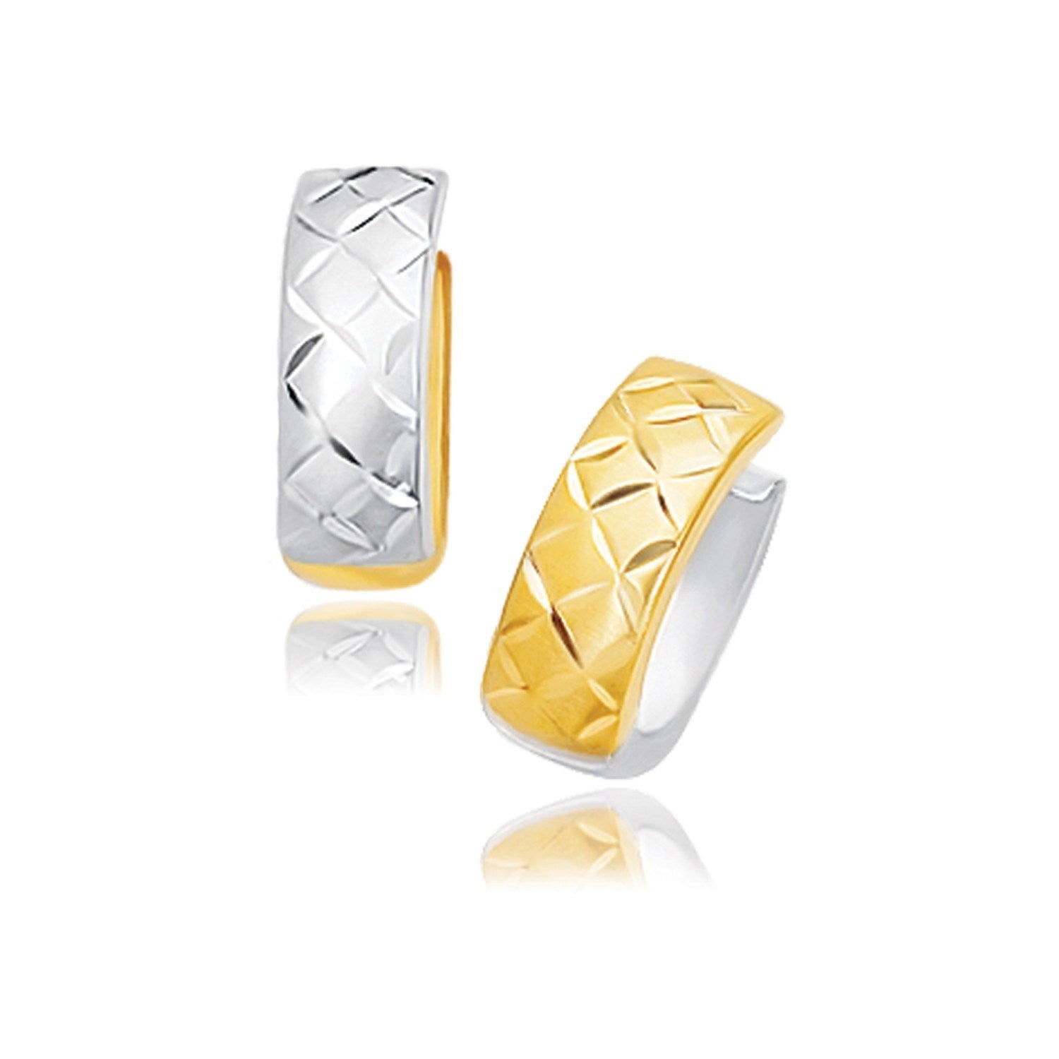 14k two-tone gold diamond textured hoop huggie earrings, modern design with luxurious sparkle and secure closure.