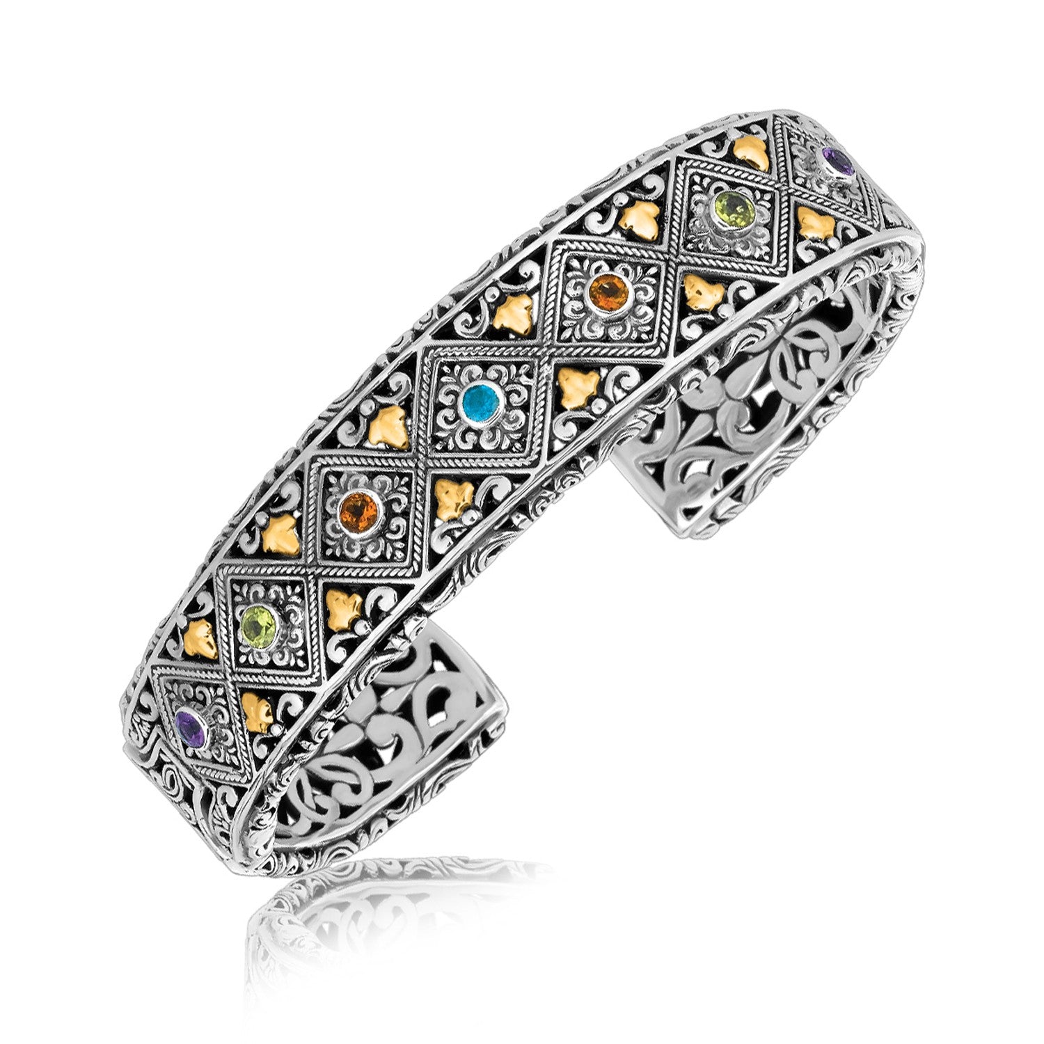 18K Yellow Gold and Sterling Silver Open Cuff Bangles with Diamond Patterns and Multi Stone Embel...