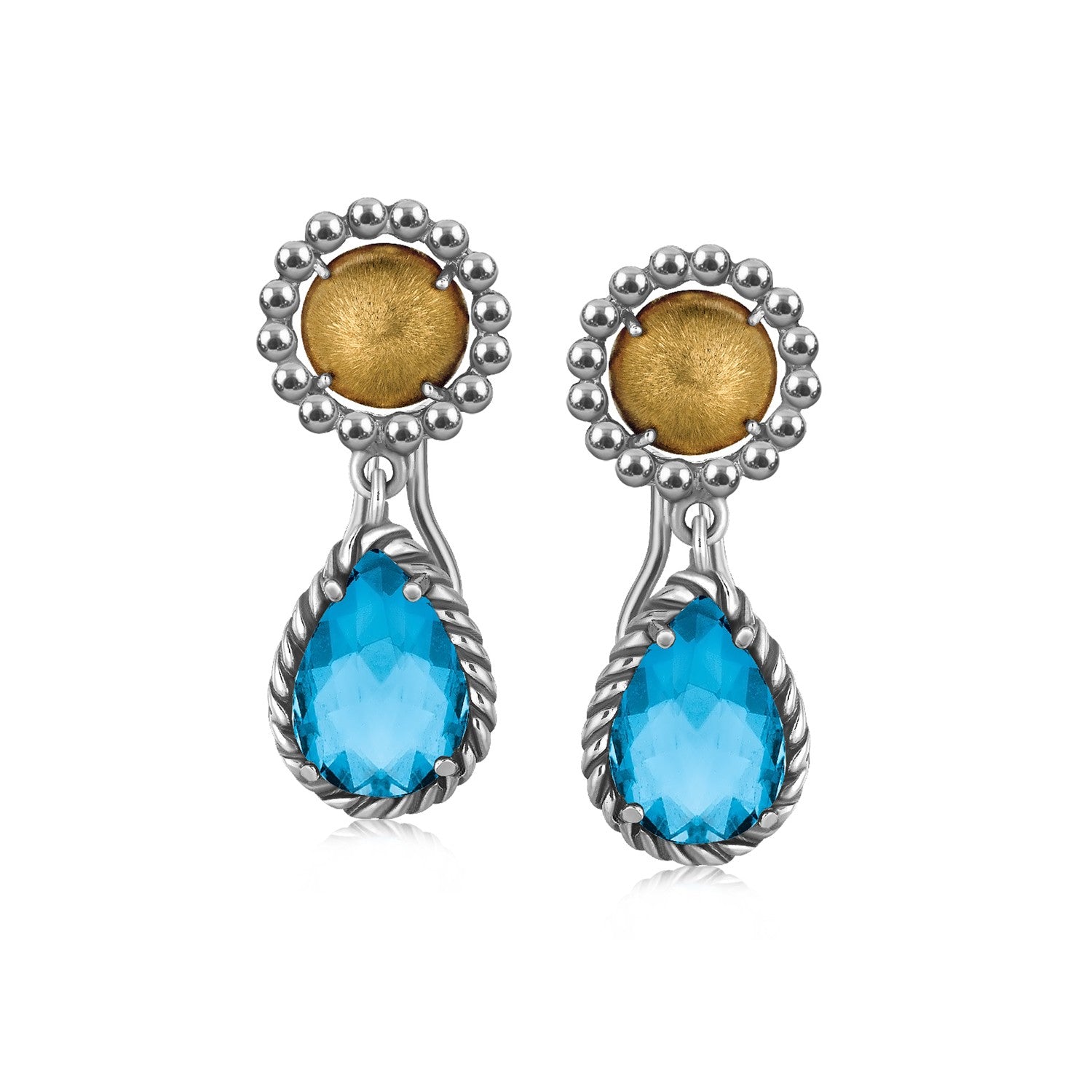 18K Yellow Gold and Sterling Silver Blue Topaz Drop Earrings