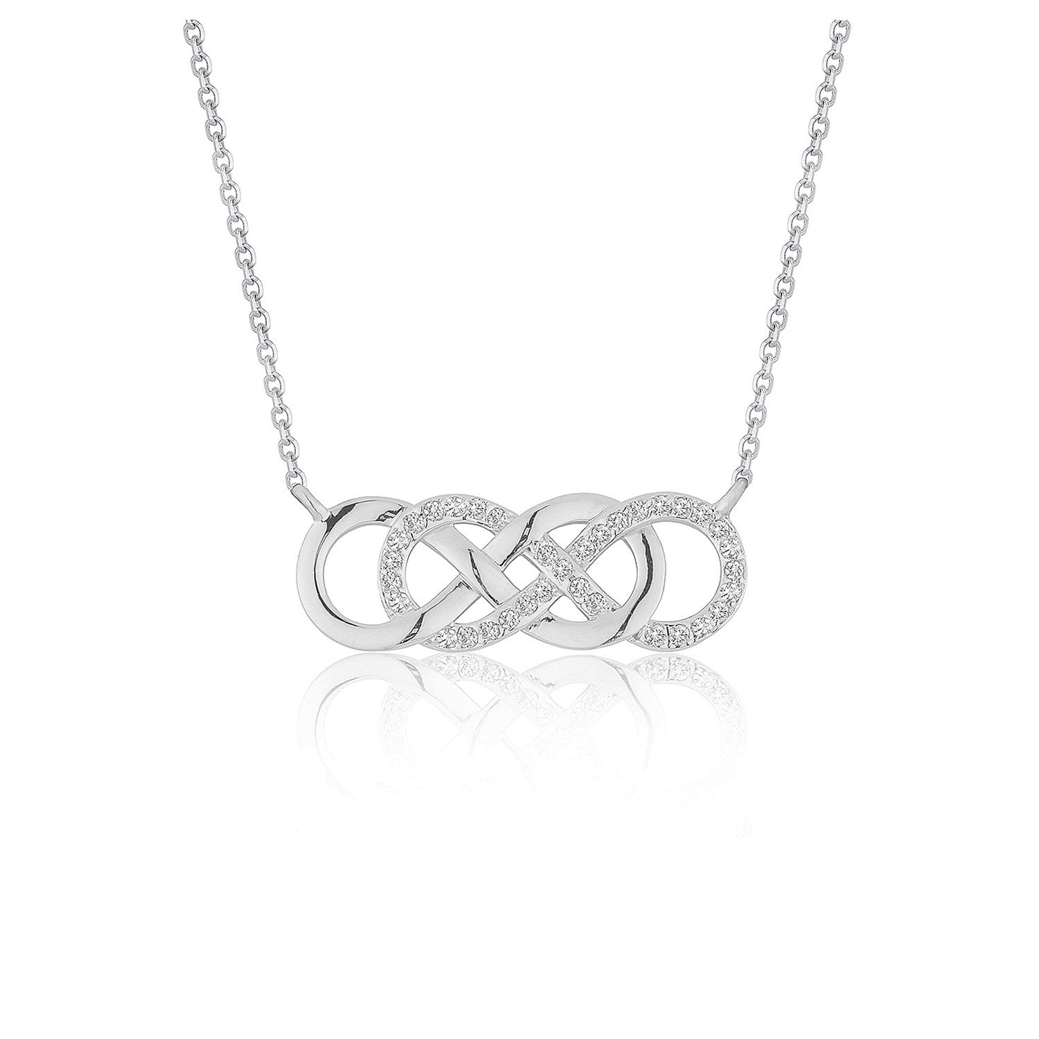 Elegant double infinity diamond pendant in 14k white gold with a delicate chain, perfect for timeless luxury.