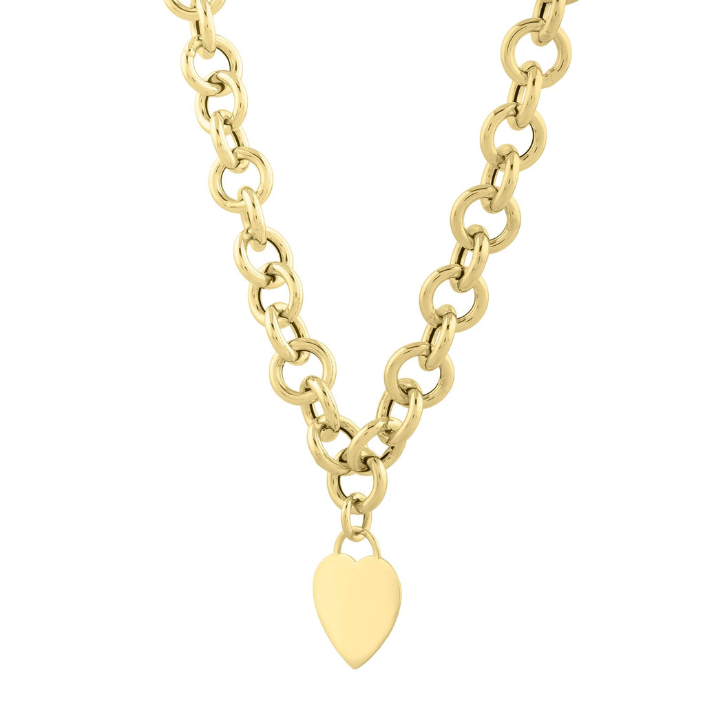 14k yellow gold rolo link necklace with modern design, showcasing elegant chain links for a luxurious statement.