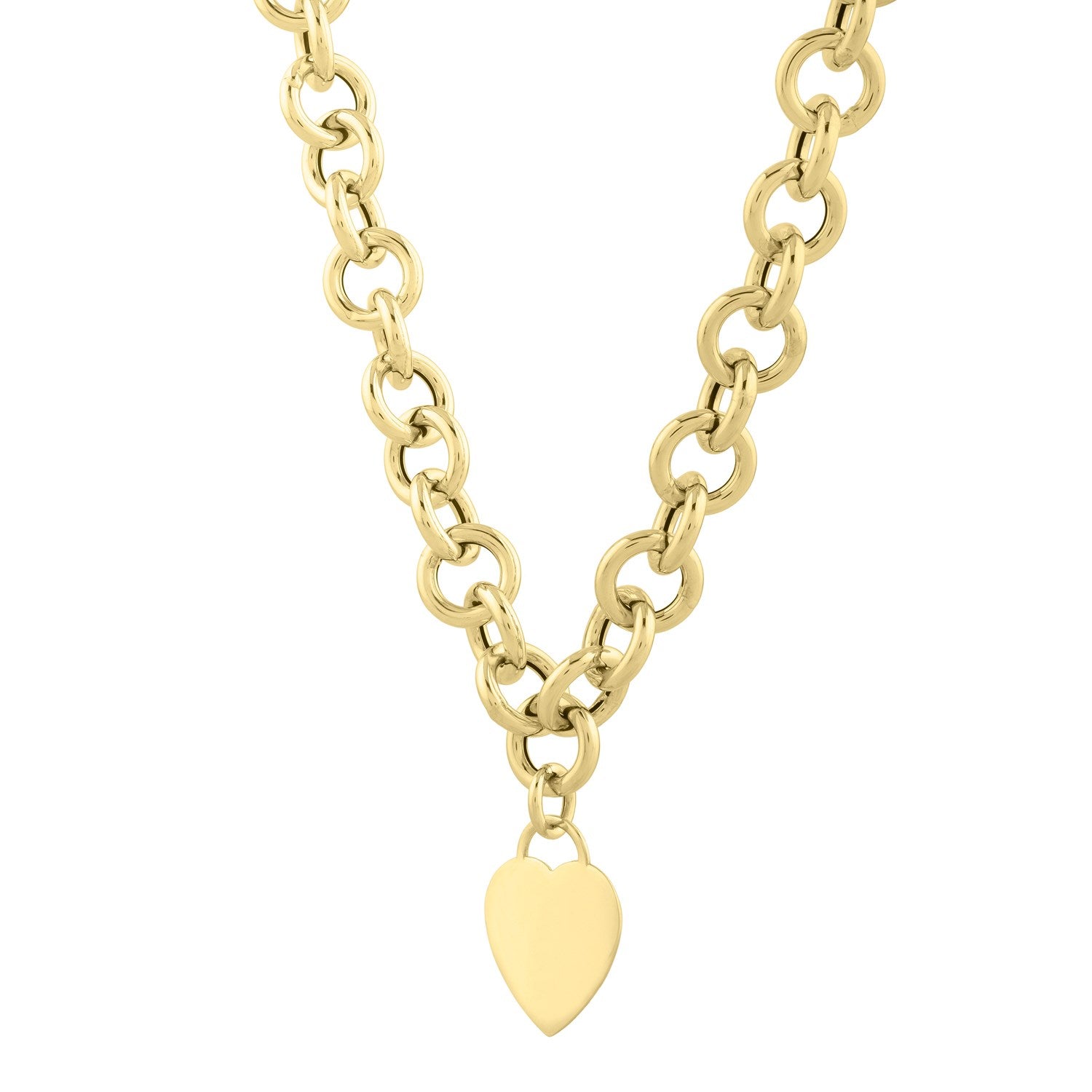 14k yellow gold rolo link necklace with modern design, showcasing elegant chain links for a luxurious statement.