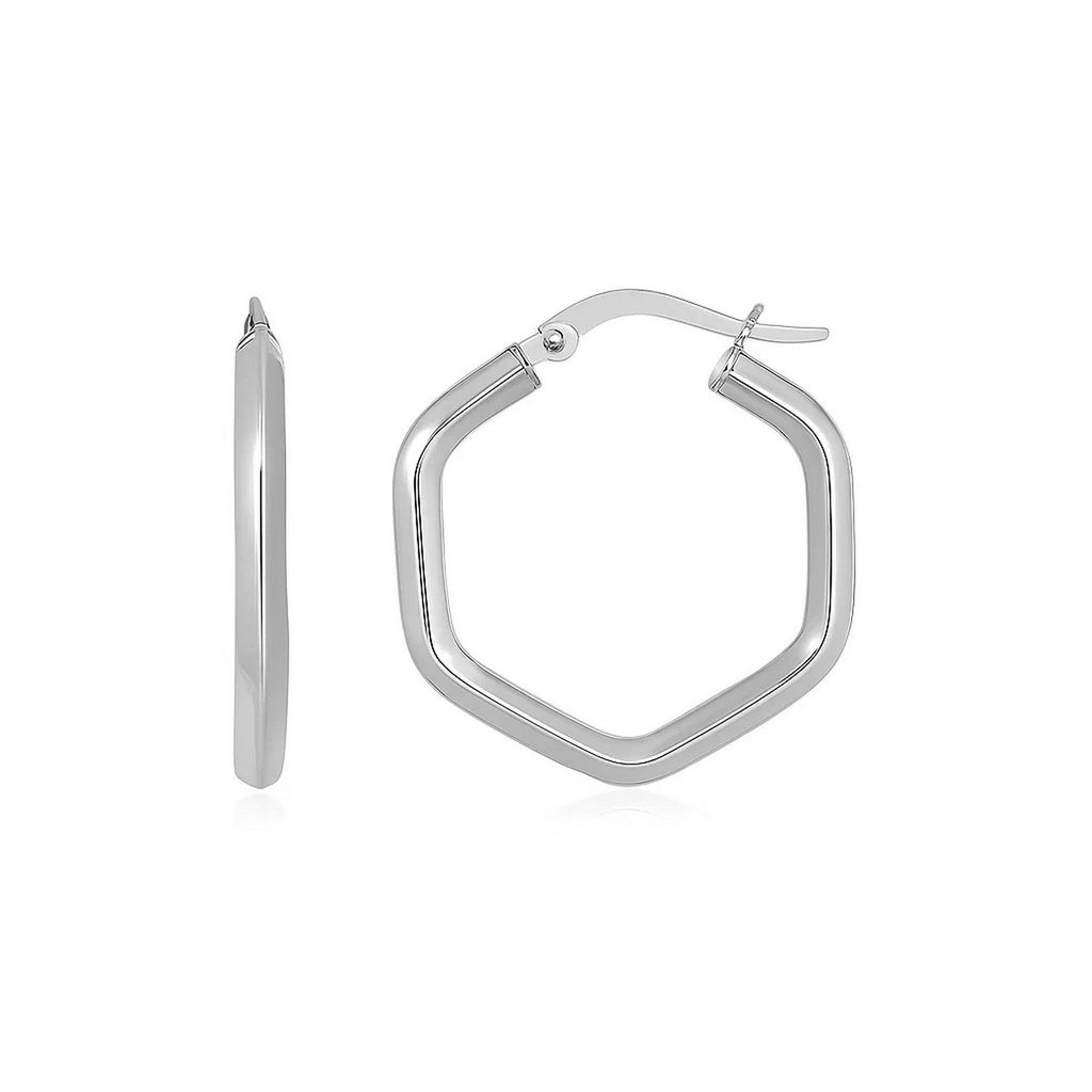 14k white gold shiny hexagon hoop earrings, a classic design for elegant sophistication and timeless style.