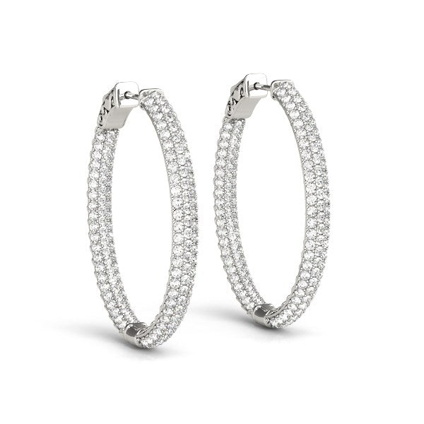 14k white gold diamond hoop earrings featuring a modern three-row design with prong-set round diamonds (2 cttw).
