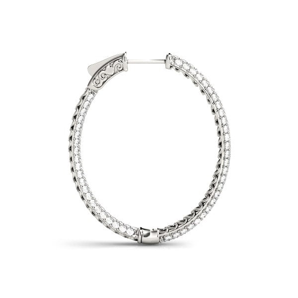 14k white gold diamond hoop earrings featuring a modern double-sided design with three rows of sparkling diamonds.