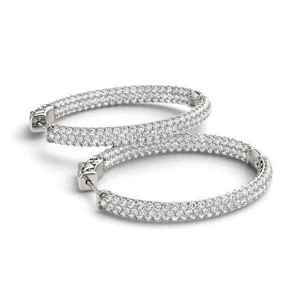 14k white gold diamond hoop earrings featuring a modern double-sided design with three rows of sparkling diamonds.