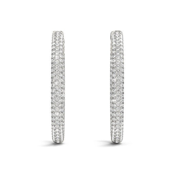 14k white gold diamond hoop earrings featuring a modern three-row design with prong-set round diamonds (2 cttw).