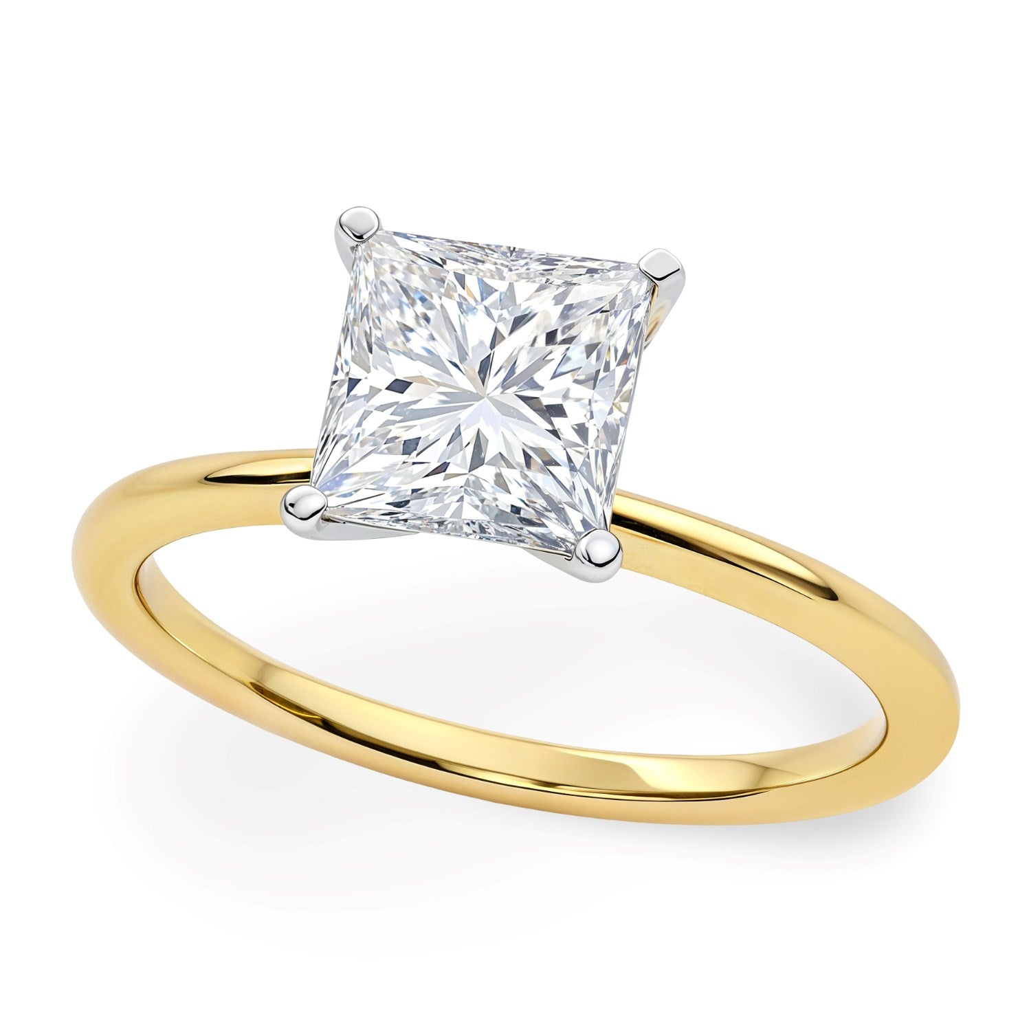 1.50Ct princess cut diamond ring in 14k yellow gold, featuring a classic prong setting for timeless elegance.