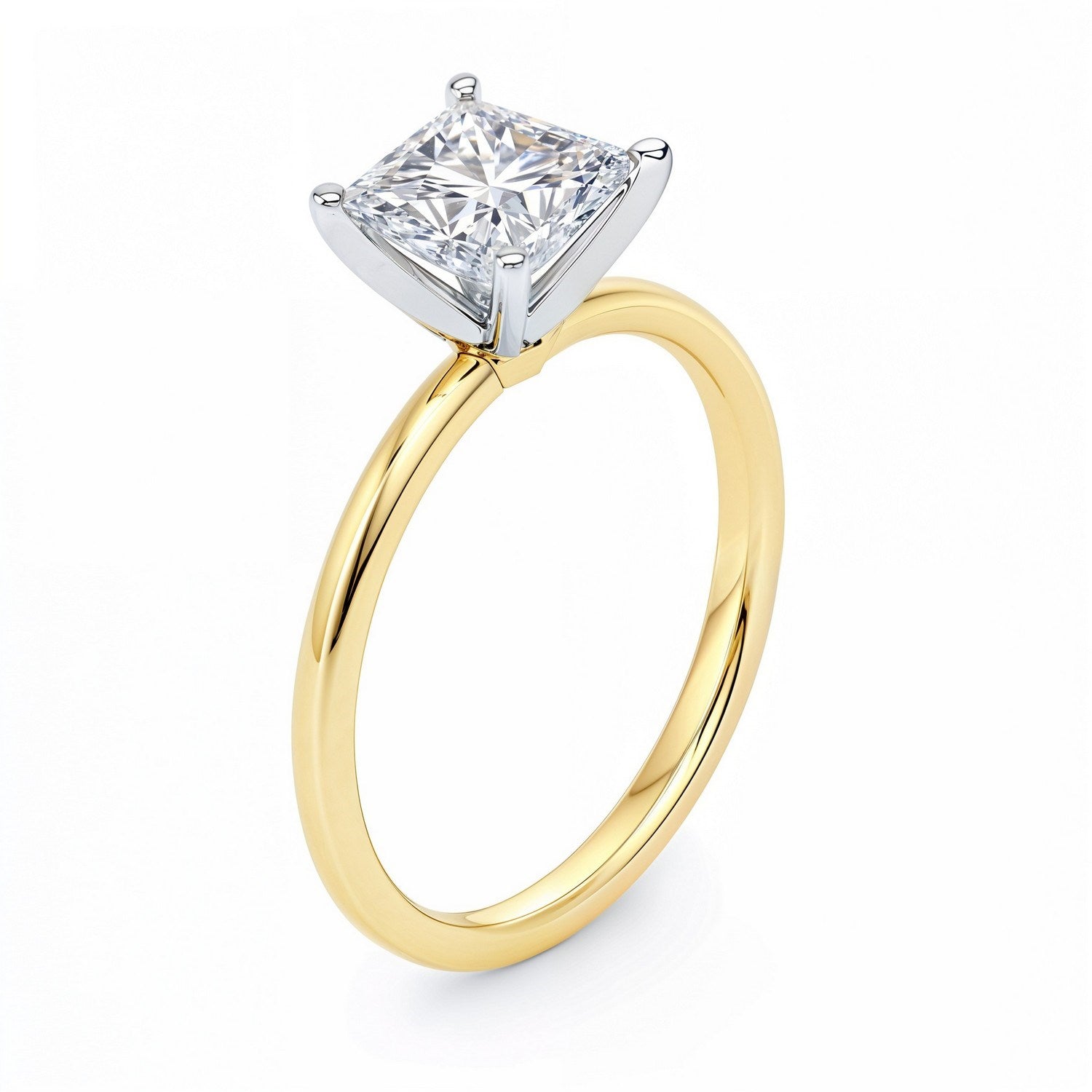 1.50Ct princess cut diamond ring in 14k yellow gold, featuring a classic prong setting for timeless elegance.