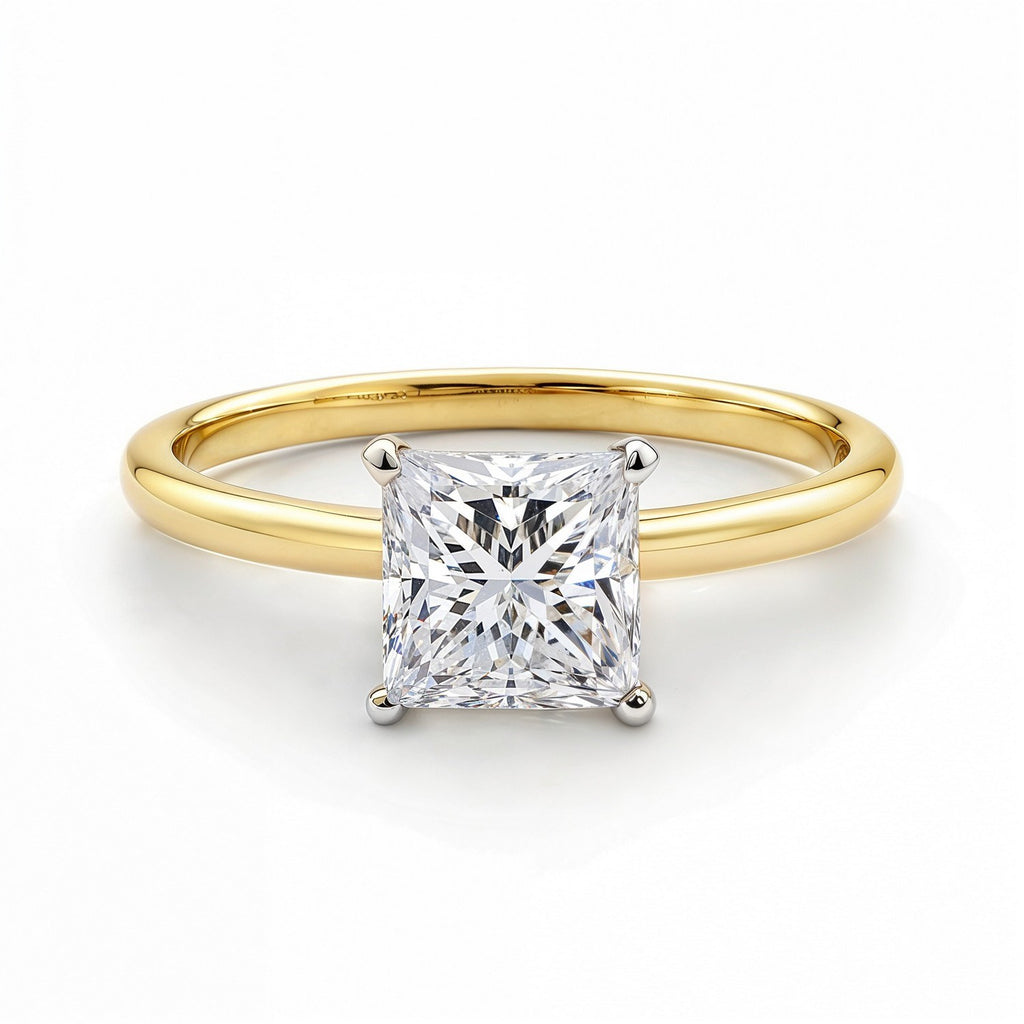 1.50Ct princess cut diamond ring in 14k yellow gold, featuring a classic prong setting for timeless elegance.