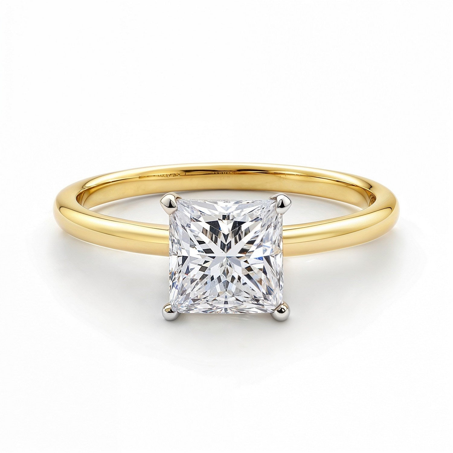 1.50Ct princess cut diamond ring in 14k yellow gold, featuring a classic prong setting for timeless elegance.