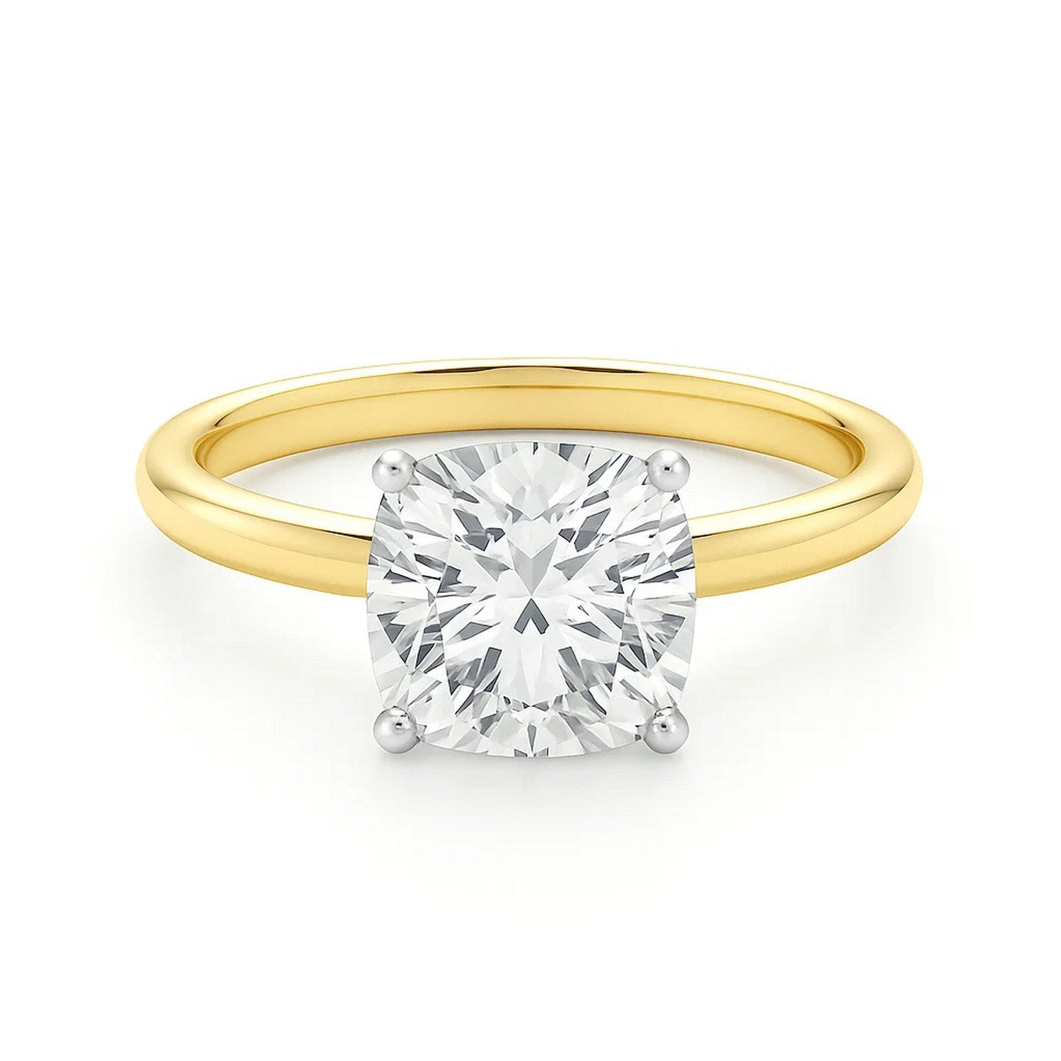 5 carat cushion lab-grown diamond solitaire ring in 10K yellow gold, featuring a modern prong setting and elegant design.