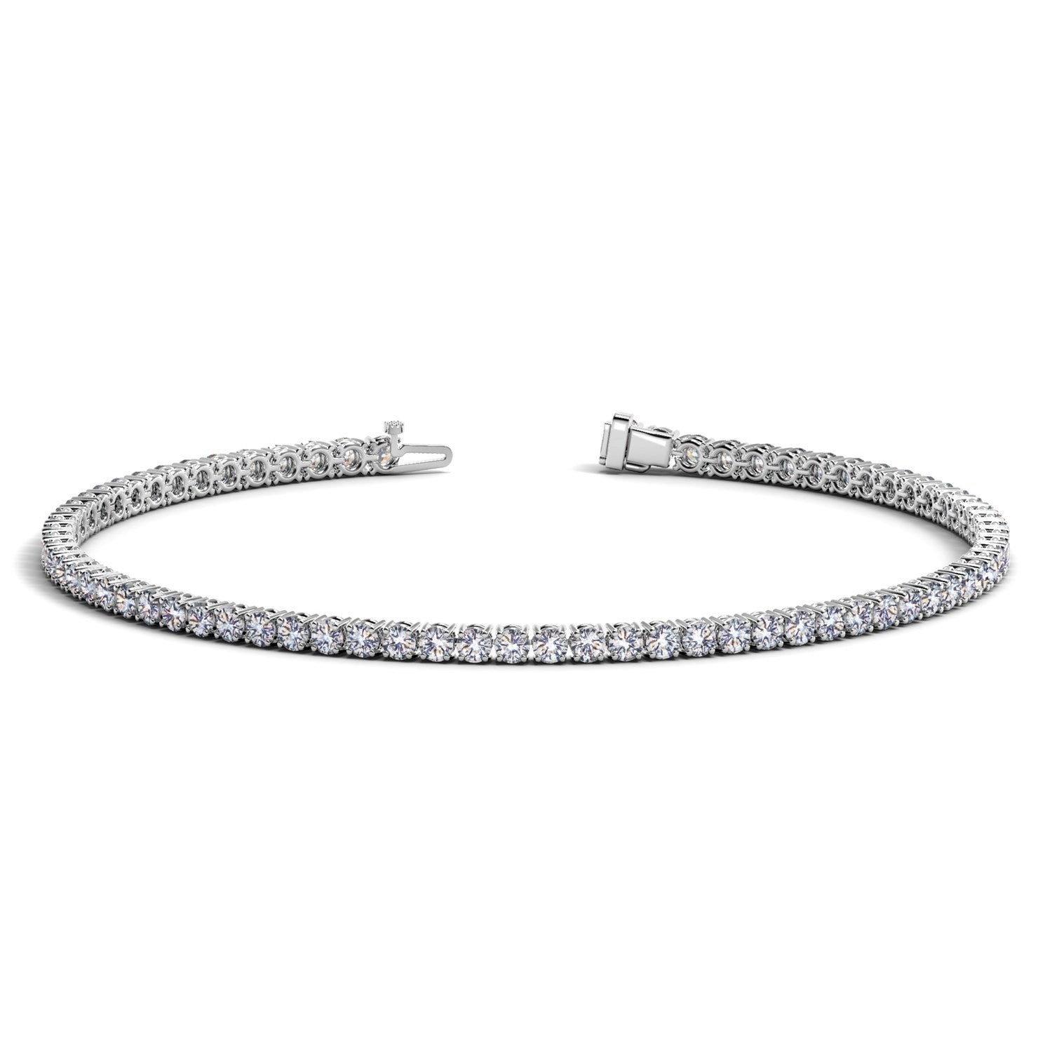 Lab grown diamond tennis bracelet in 14k white gold, featuring prong setting and contemporary design, 2 cctw F/G VS2/SI1.