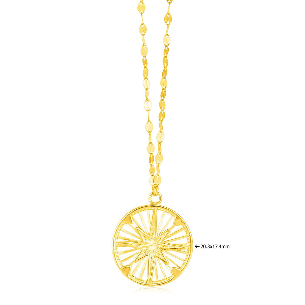 14k yellow gold modern necklace featuring a compass pendant on a delicate link chain.