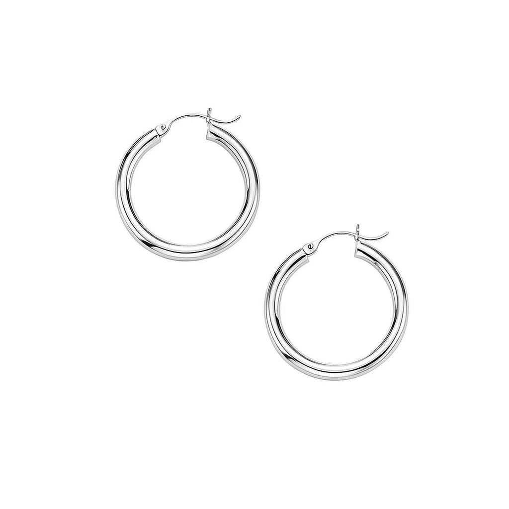 14k white gold polished hoop earrings with a sleek modern design, perfect for elegant everyday wear.