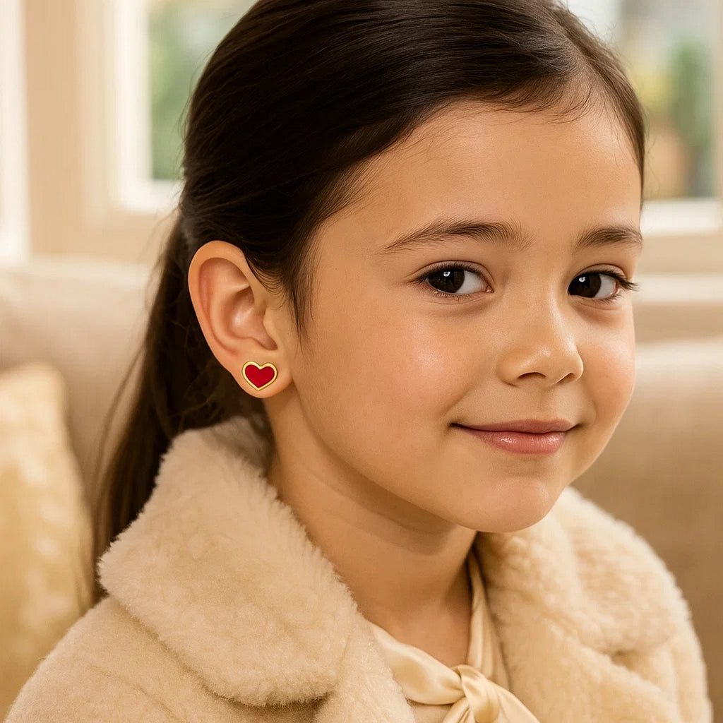 14k yellow gold stud earrings featuring modern red enamel heart design, perfect for adding a touch of luxury.