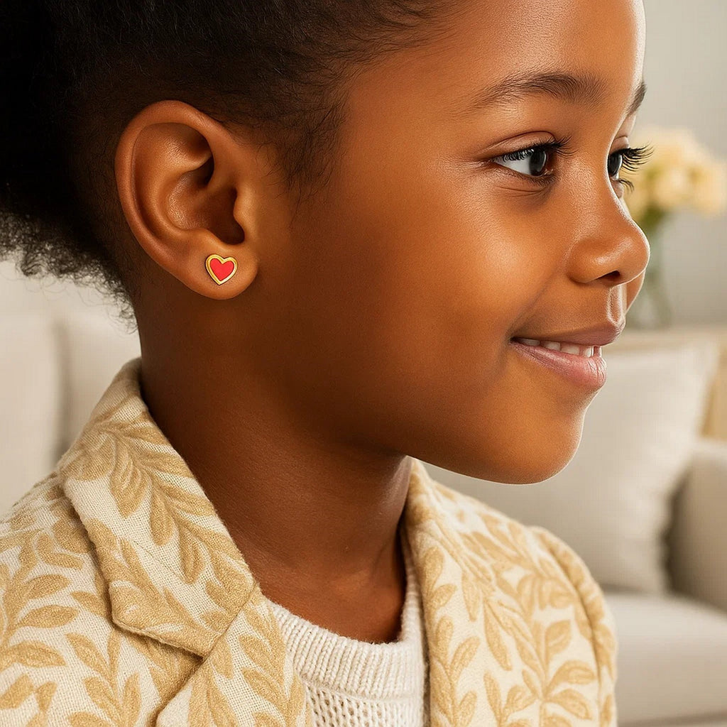 14k yellow gold stud earrings featuring vibrant red enamel heart design, perfect for modern luxury style.