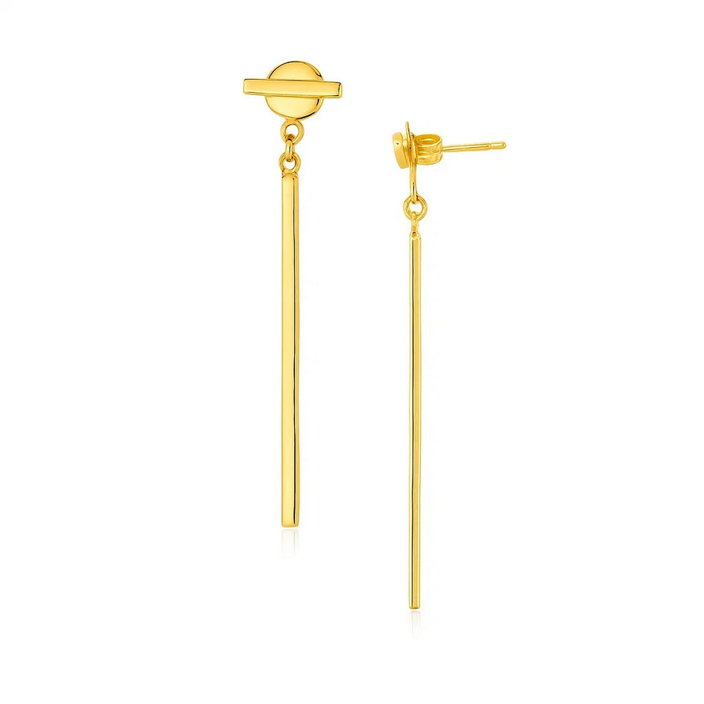 14k yellow gold modern drop earrings featuring sleek disc and bar design for a chic, sophisticated look.