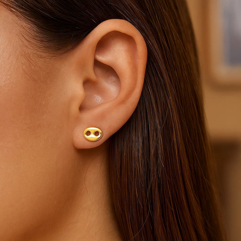 14k yellow gold link button earrings with a modern design, showcasing elegant interlocking links for a chic look.
