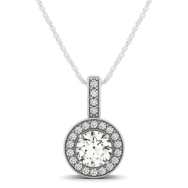 Milgrain edge diamond halo pendant in 14k white gold, featuring a delicate prong setting for a minimalist elegance.