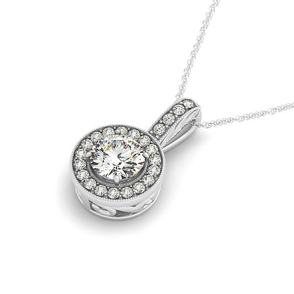 Milgrain edge diamond halo pendant in 14k white gold, featuring a prong setting for a minimalist elegance.
