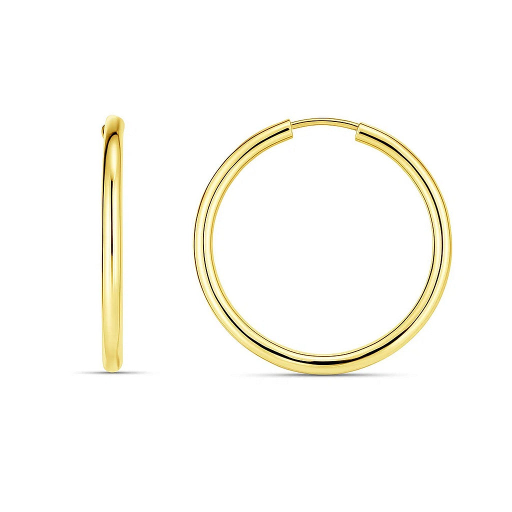 14k yellow gold minimalist endless round hoop earrings, showcasing timeless elegance and refined craftsmanship.