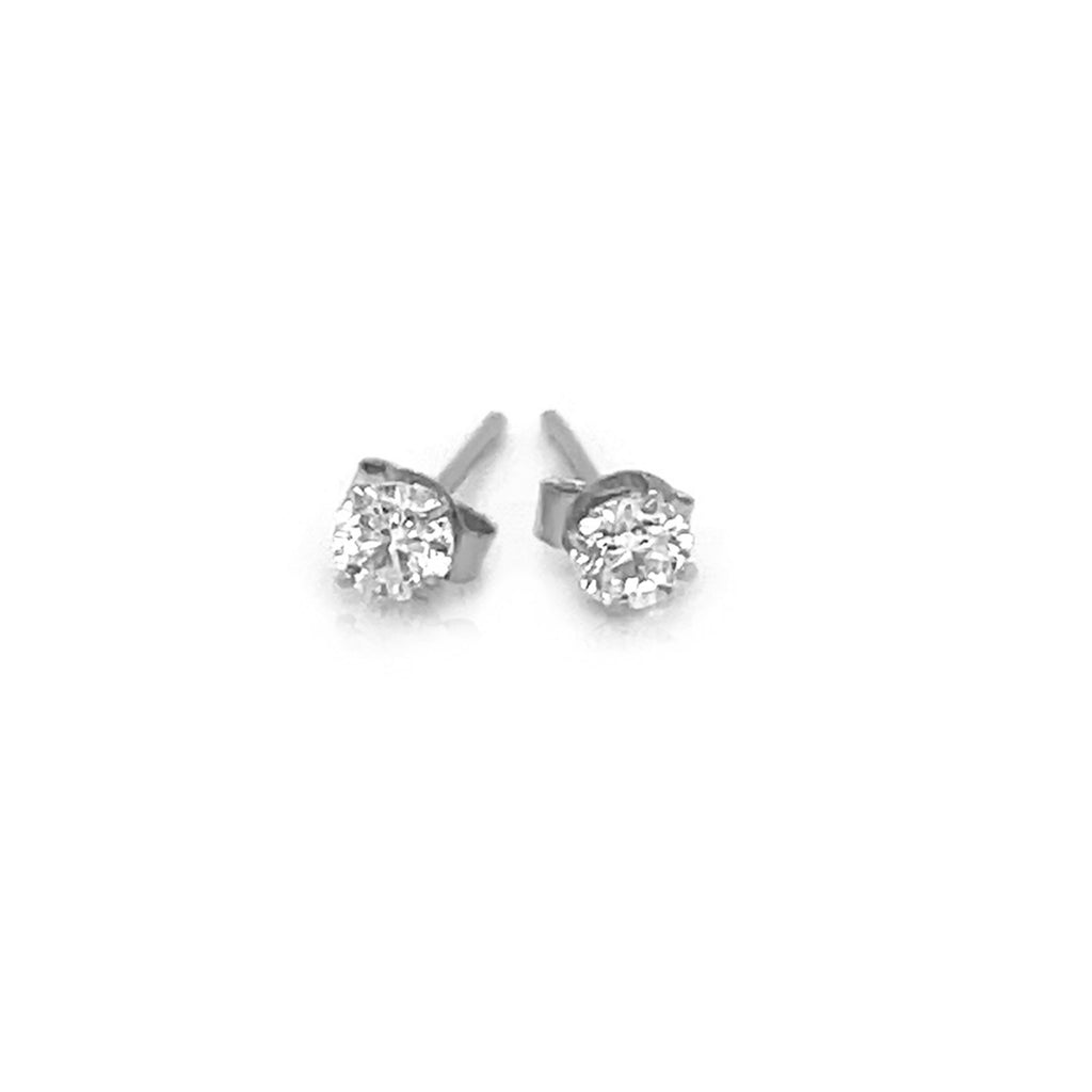 14k white gold faceted white cubic zirconia stud earrings in modern prong setting, showcasing elegant round design.