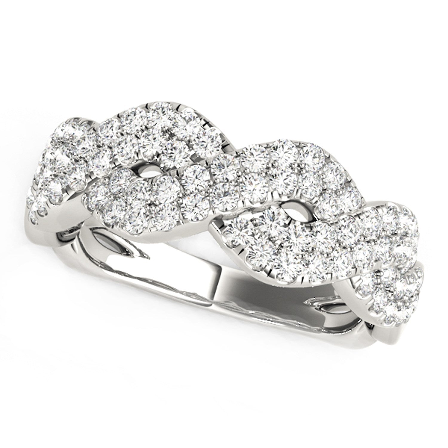 Diamond-studded interlocking waves ring in 14k white gold with a modern prong setting and exquisite round diamonds.