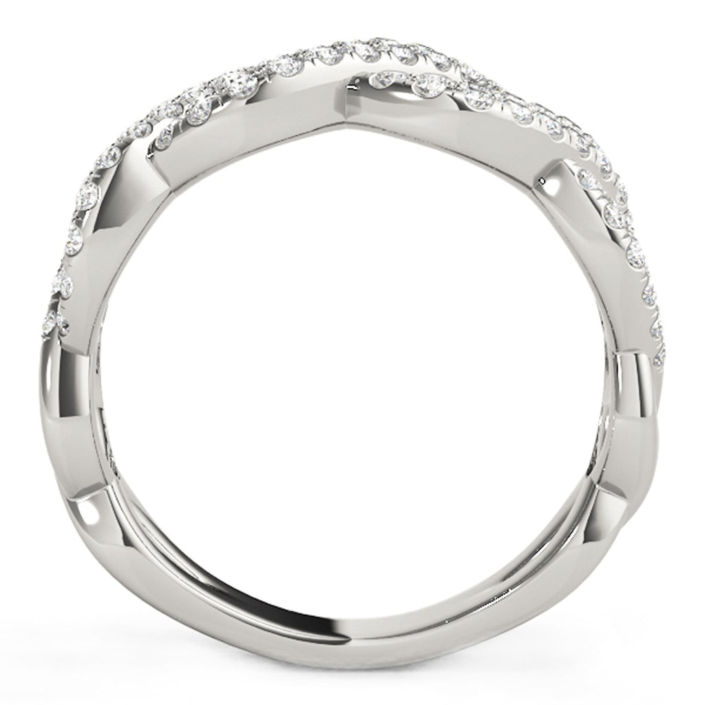 Diamond studded interlocking waves ring in 14k white gold with prong-set round diamonds, modern elegance for luxury lovers.