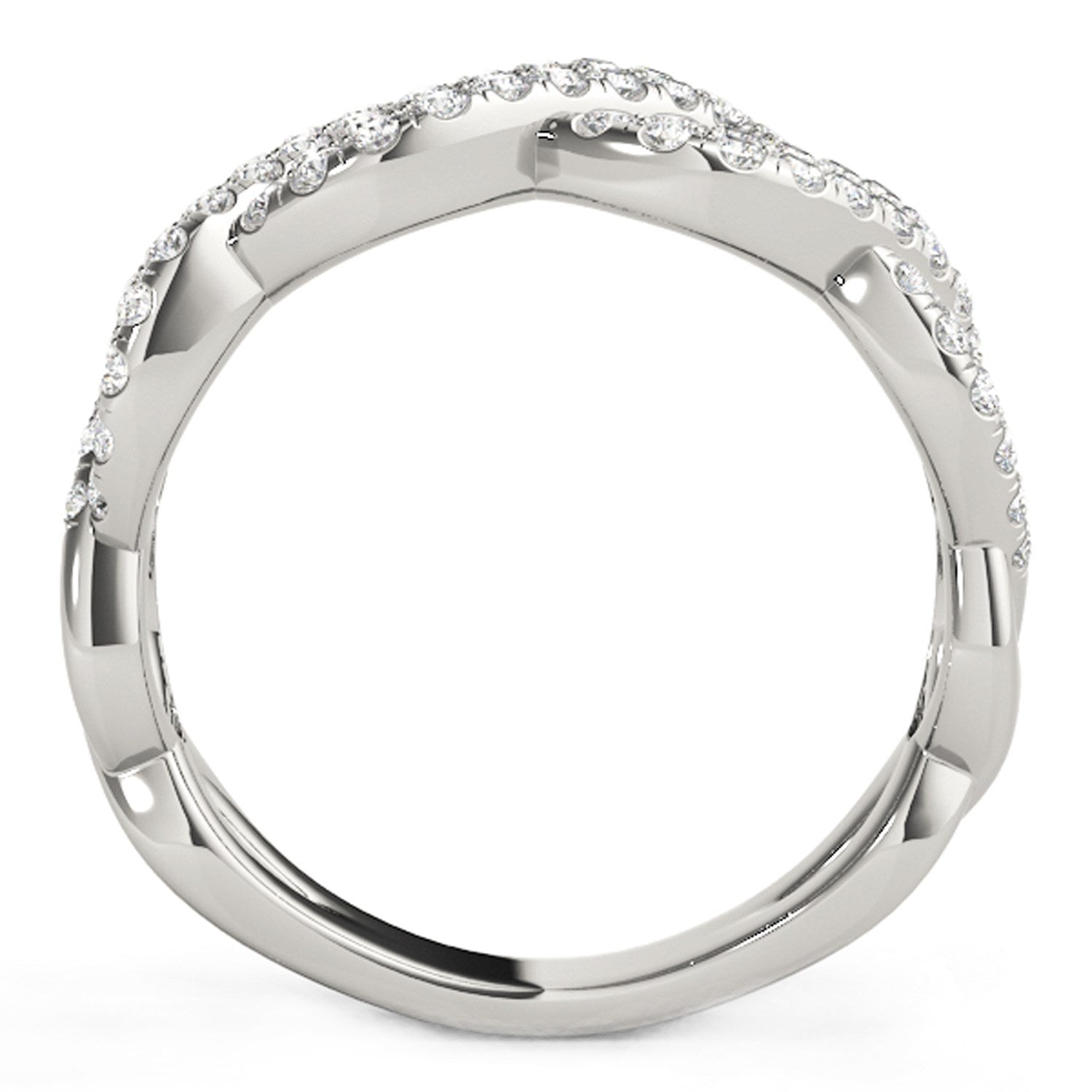 Diamond studded interlocking waves ring in 14k white gold with prong-set round diamonds, modern elegance for luxury lovers.