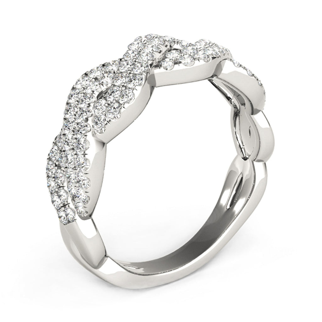 Diamond studded interlocking waves ring in 14k white gold with prong-set round diamonds, showcasing modern elegance.
