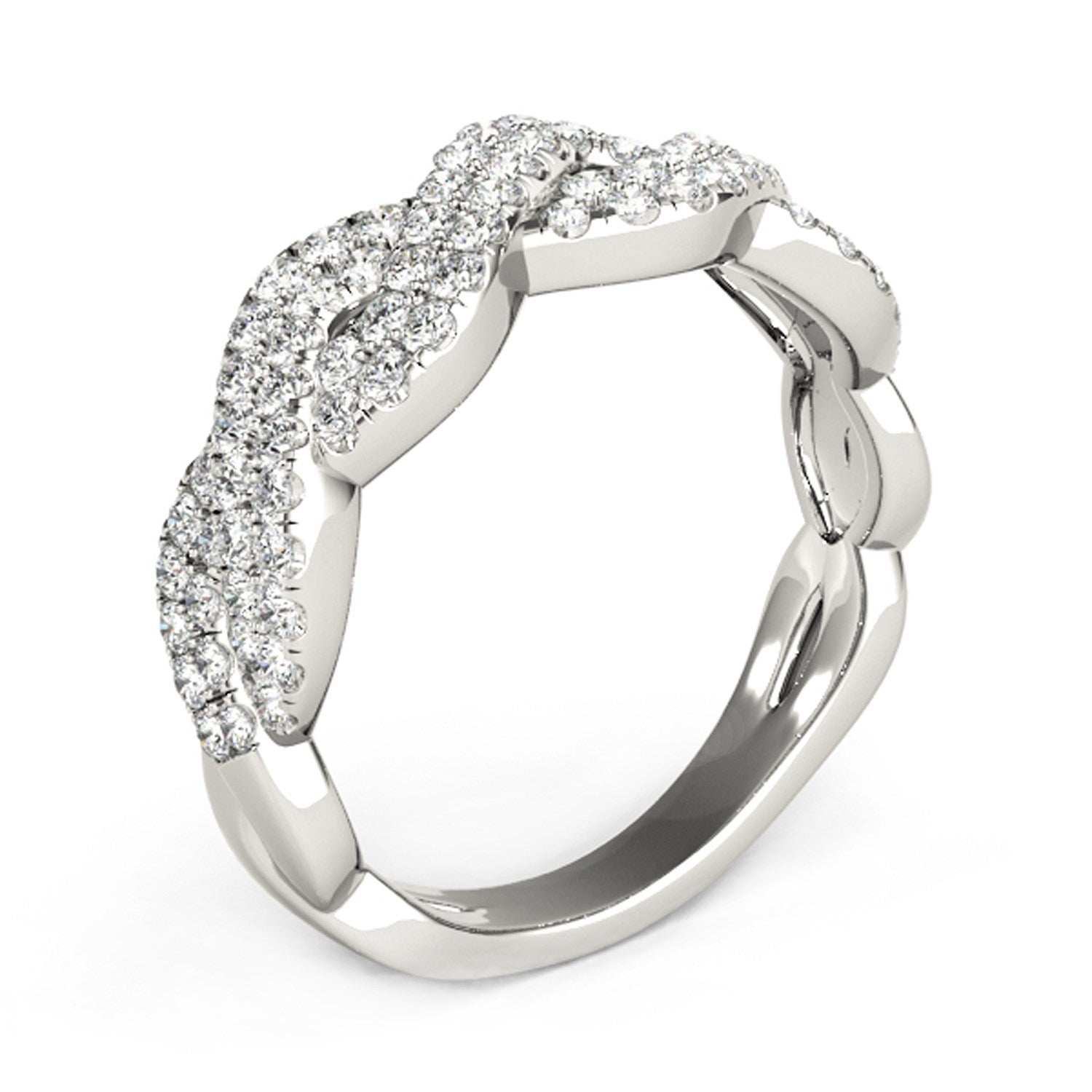 Diamond studded interlocking waves ring in 14k white gold with prong-set round diamonds, showcasing modern elegance.