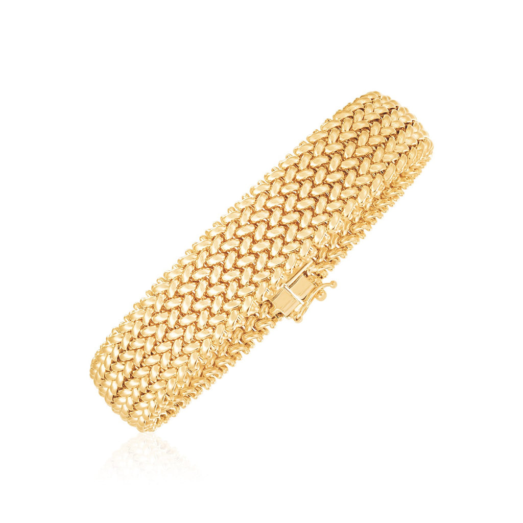 14k yellow gold high polish thick braided bracelet, modern luxury design, 14.50 mm width, perfect for elegant occasions