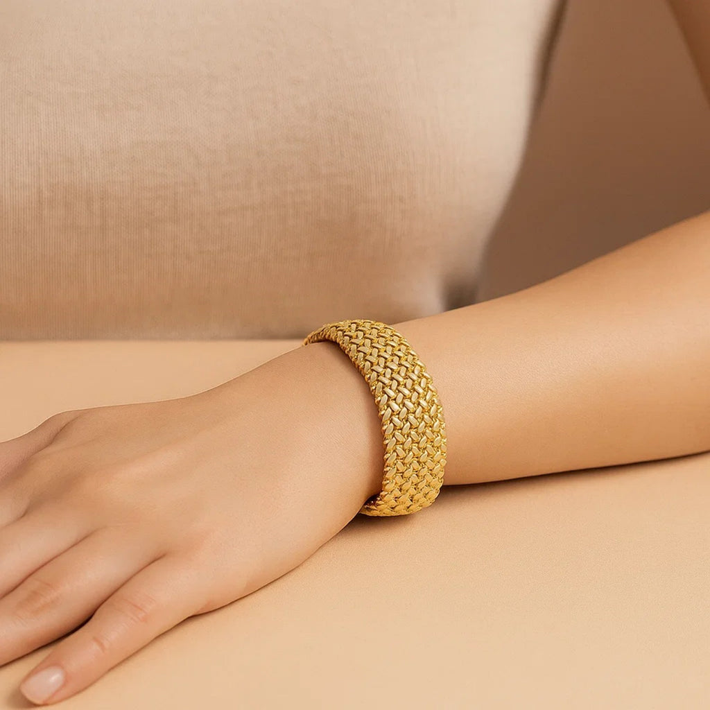 14k yellow gold high polish thick braided bracelet, modern luxury design, 14.50 mm width, perfect for elegant styling.