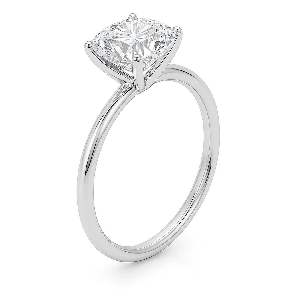 3 carat cushion lab-grown diamond solitaire ring in 14k white gold, featuring a classic prong setting for timeless elegance.