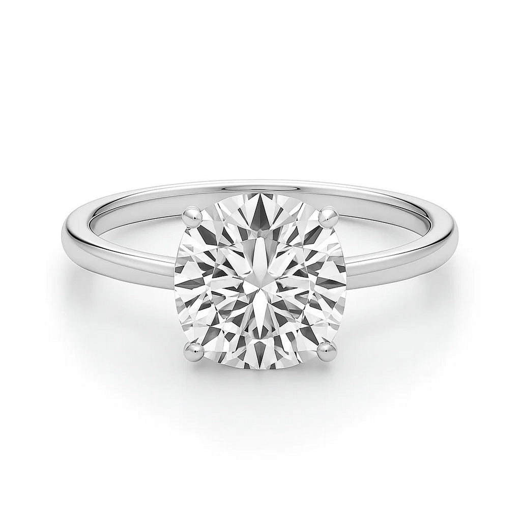 3 carat cushion lab-grown diamond solitaire ring in 14k white gold with elegant prong setting, showcasing timeless luxury.