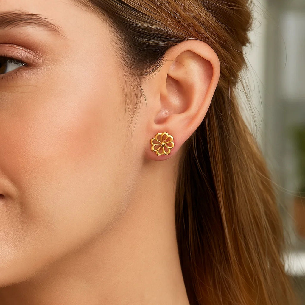 14k yellow gold floral post earrings featuring a modern design with elegant petal details and luxurious finish.