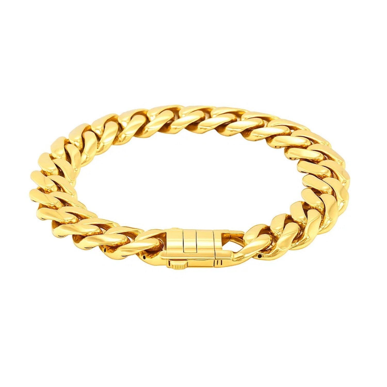 14k yellow gold polished curb chain bracelet, minimalist design, 8 1/2 inch wide with elegant link detail.
