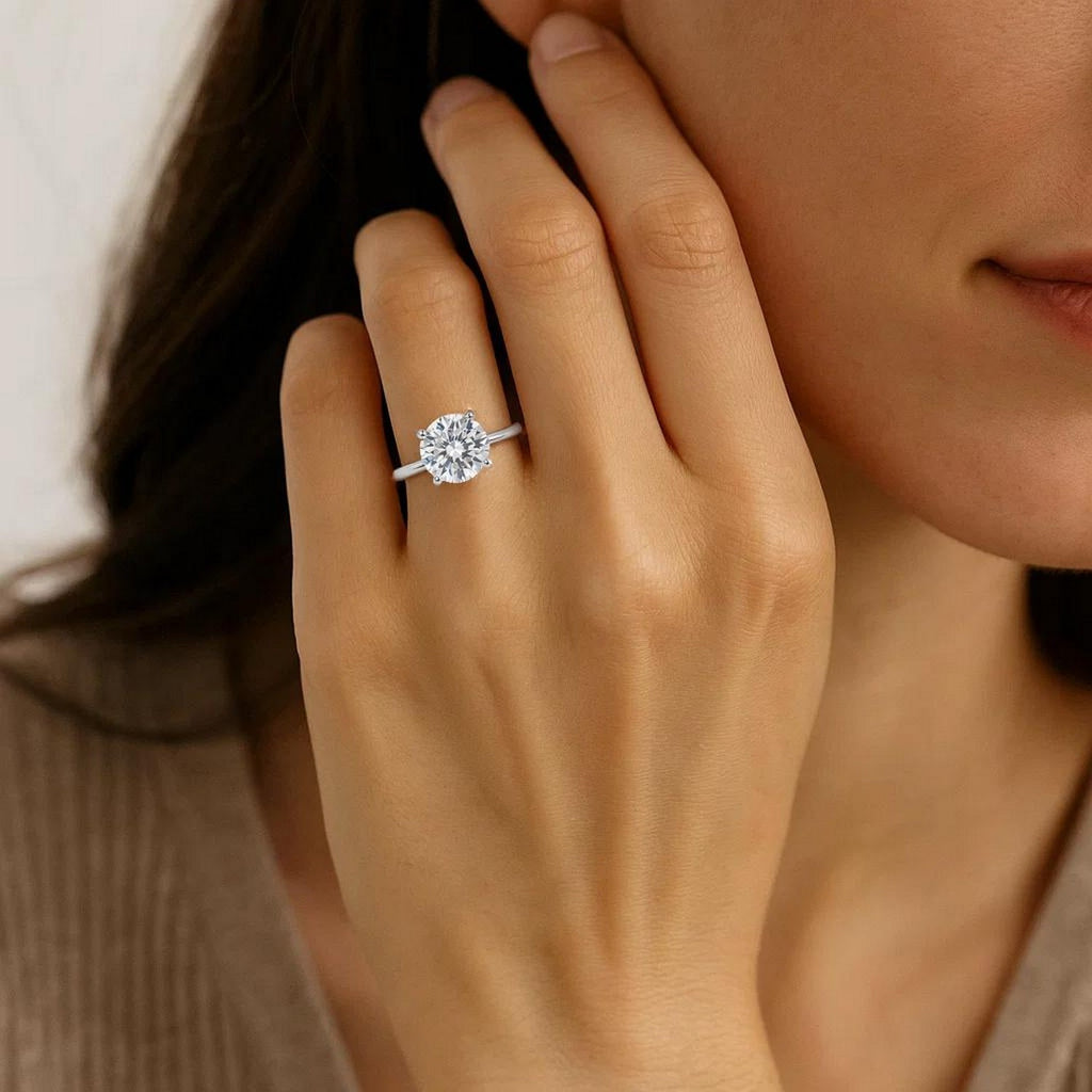 3 carat round lab-grown diamond solitaire ring in 10K white gold, featuring a classic prong setting for timeless elegance.