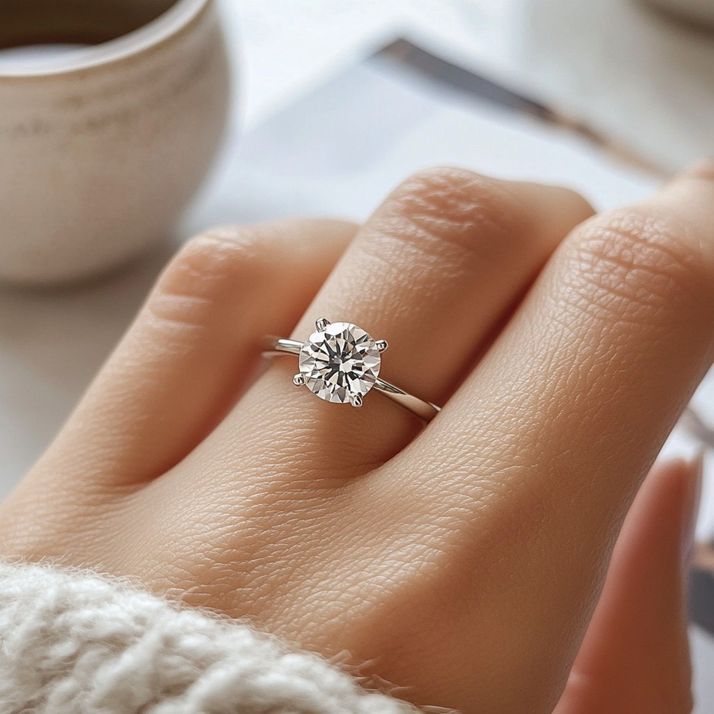 3 carat round lab-grown diamond solitaire ring in elegant 10K white gold with a classic prong setting.