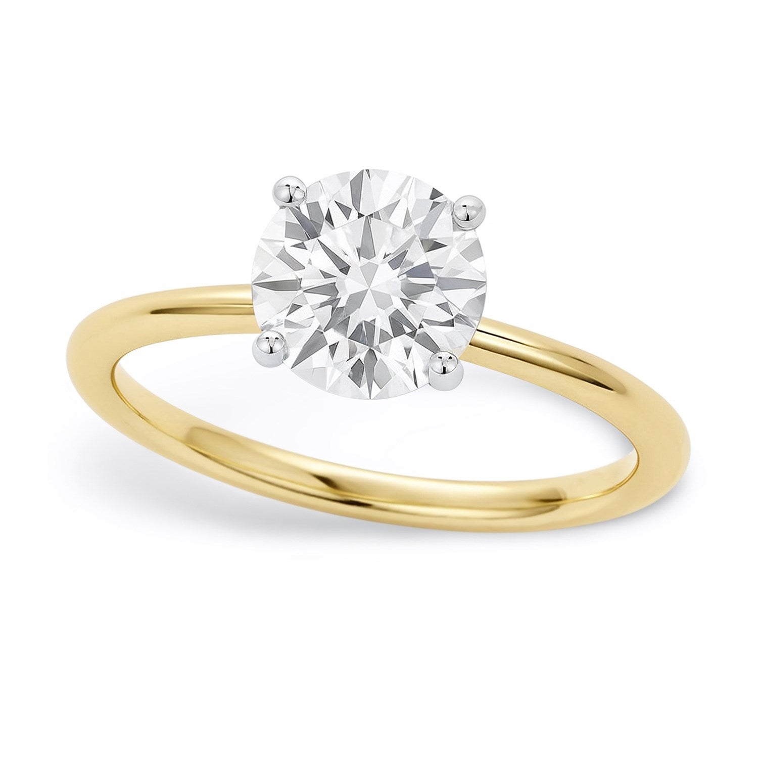 1 carat round lab-grown diamond solitaire ring in 10K yellow gold, featuring a classic prong setting for timeless elegance