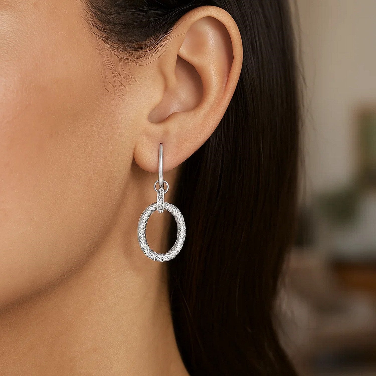 Sterling Silver Rhodium Finished Diamond Drop Earrings