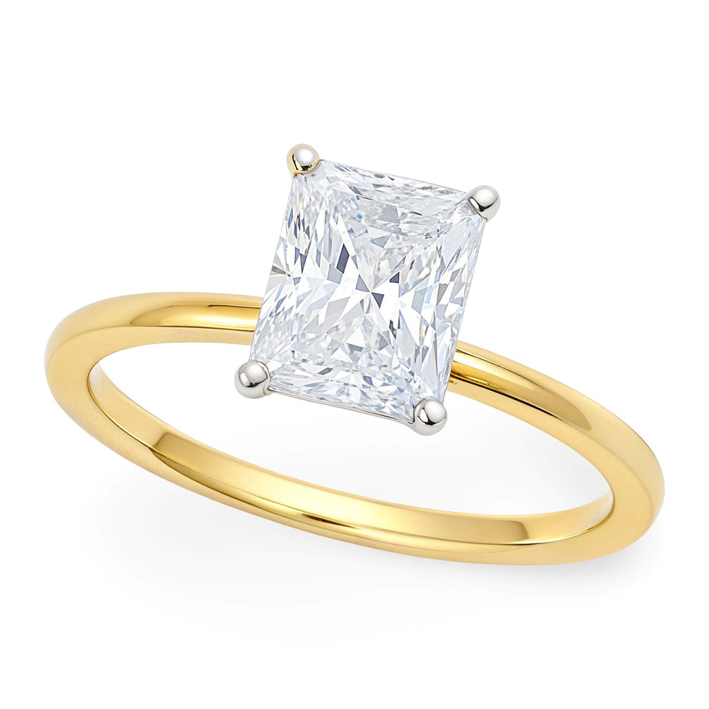 1.50Ct radiant lab-grown diamond ring in elegant 10K yellow gold with prong setting, perfect for luxury occasions.