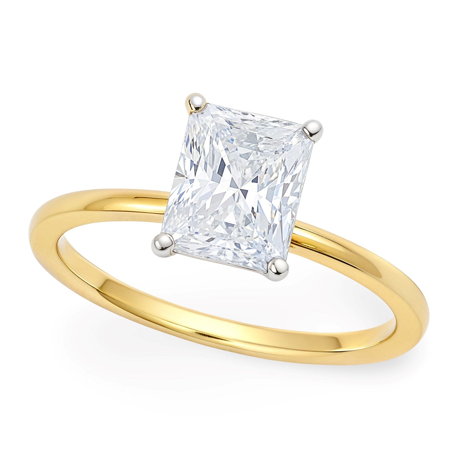 1.50Ct radiant lab-grown diamond ring in elegant 10K yellow gold with prong setting, perfect for luxury occasions.