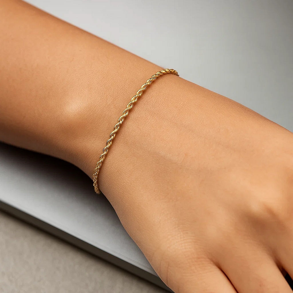 10k yellow gold solid diamond cut rope bracelet, modern luxury design, featuring intricate diamond detailing.