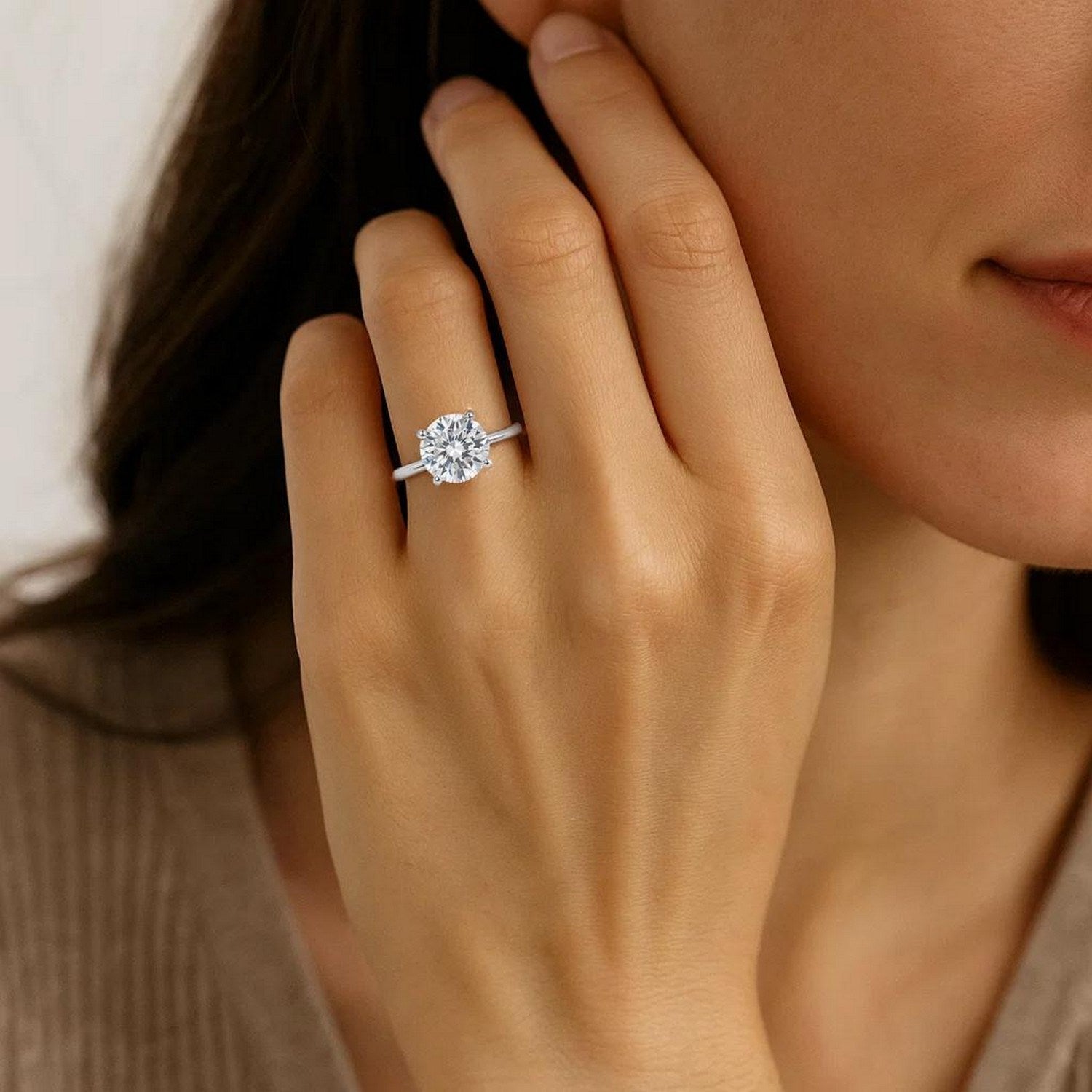 3 carat round lab-grown diamond solitaire ring in 14k white gold, featuring a modern prong setting design.