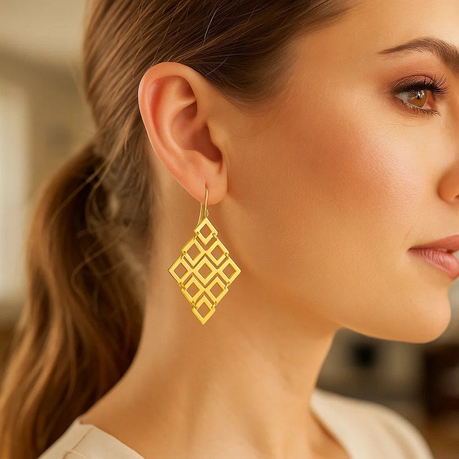 14k yellow gold polished diamond dangle earrings featuring a modern design and exquisite sparkle.