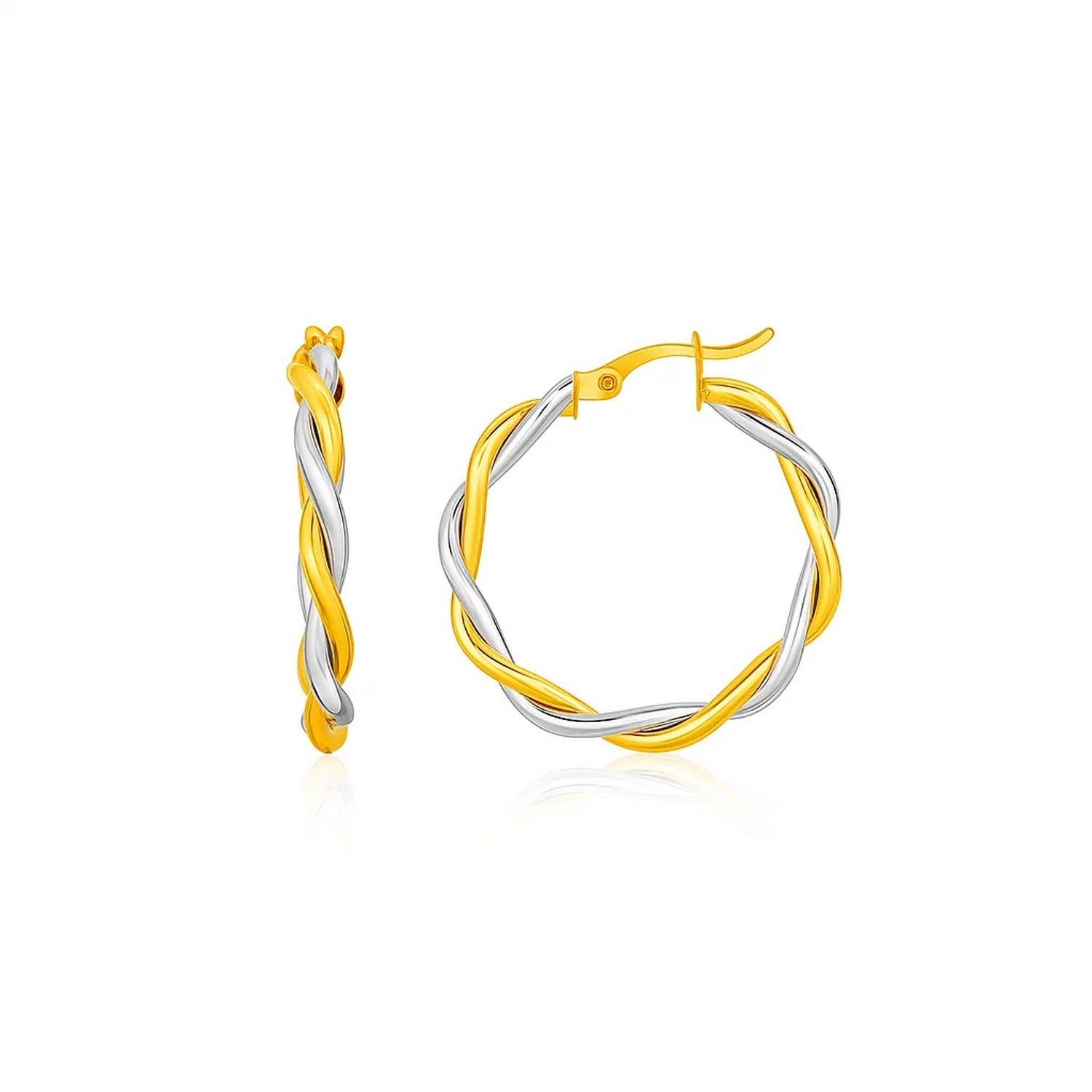 10k yellow and white gold two-tone twisted wire hoop earrings with a contemporary design for elegant style.