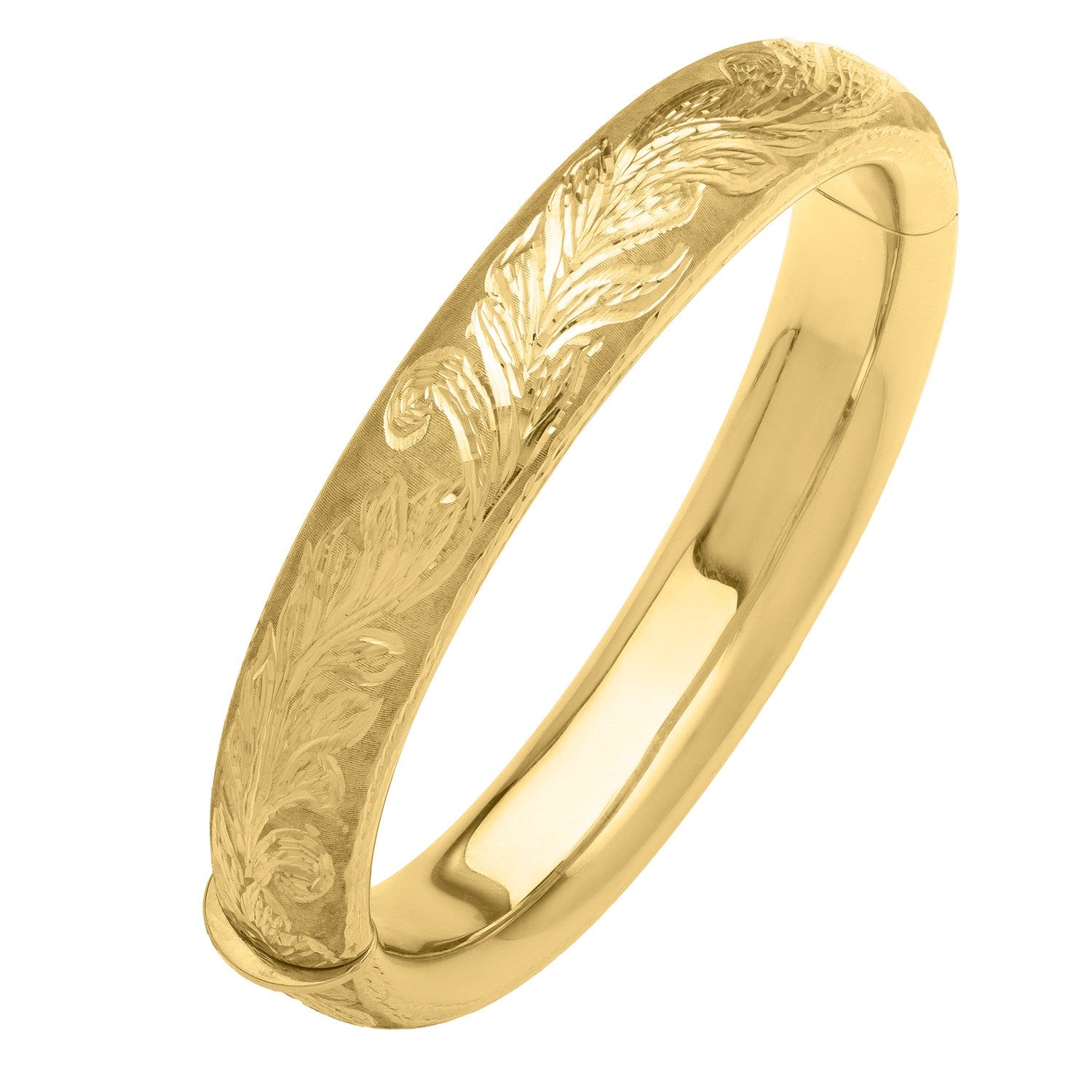 Engraved large bangle in 14K yellow gold featuring luxurious diamond accents and a modern design.